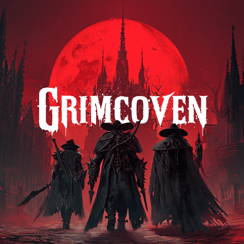 Box art for Grimcoven feature a red sky and red moon behind a Victorian castle with the game title centered in white text. Three figures cloaked in black with hats and weapons are walking together toward the castle.